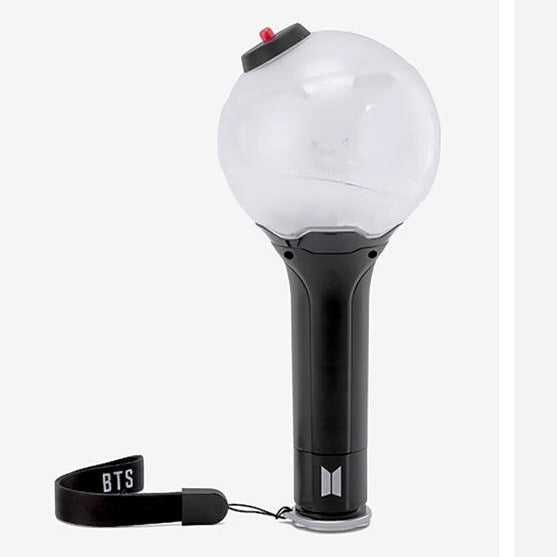 BTS Army Bomb Lightstick Ver.3 Map of The Soul edition, illuminated in vibrant colors, demonstrating its various lighting modes