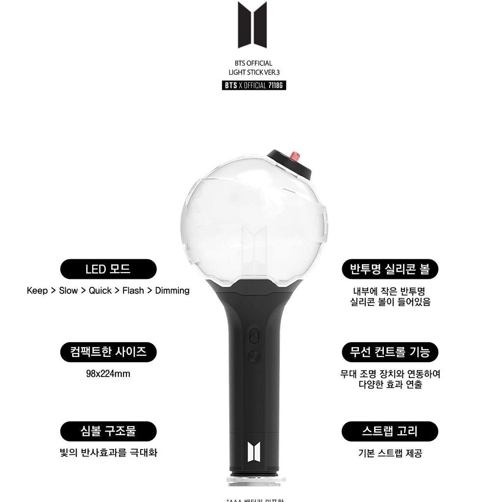 BTS Army Bomb Lightstick Ver.3 Map of The Soul edition, illuminated in vibrant colors, demonstrating its various lighting modes