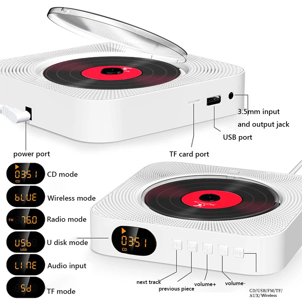 Portable CD Player Bluetooth Speaker LED Screen Wall Mounted Music Player FM Radio 3.5mm Stereo CD Players With Remote Control